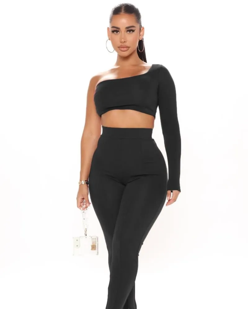 Black High Waist Pants & One Shoulder Top Set