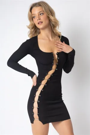 Black Knit Cut-Out Large Pin Detail Mini Dress /2-2-1