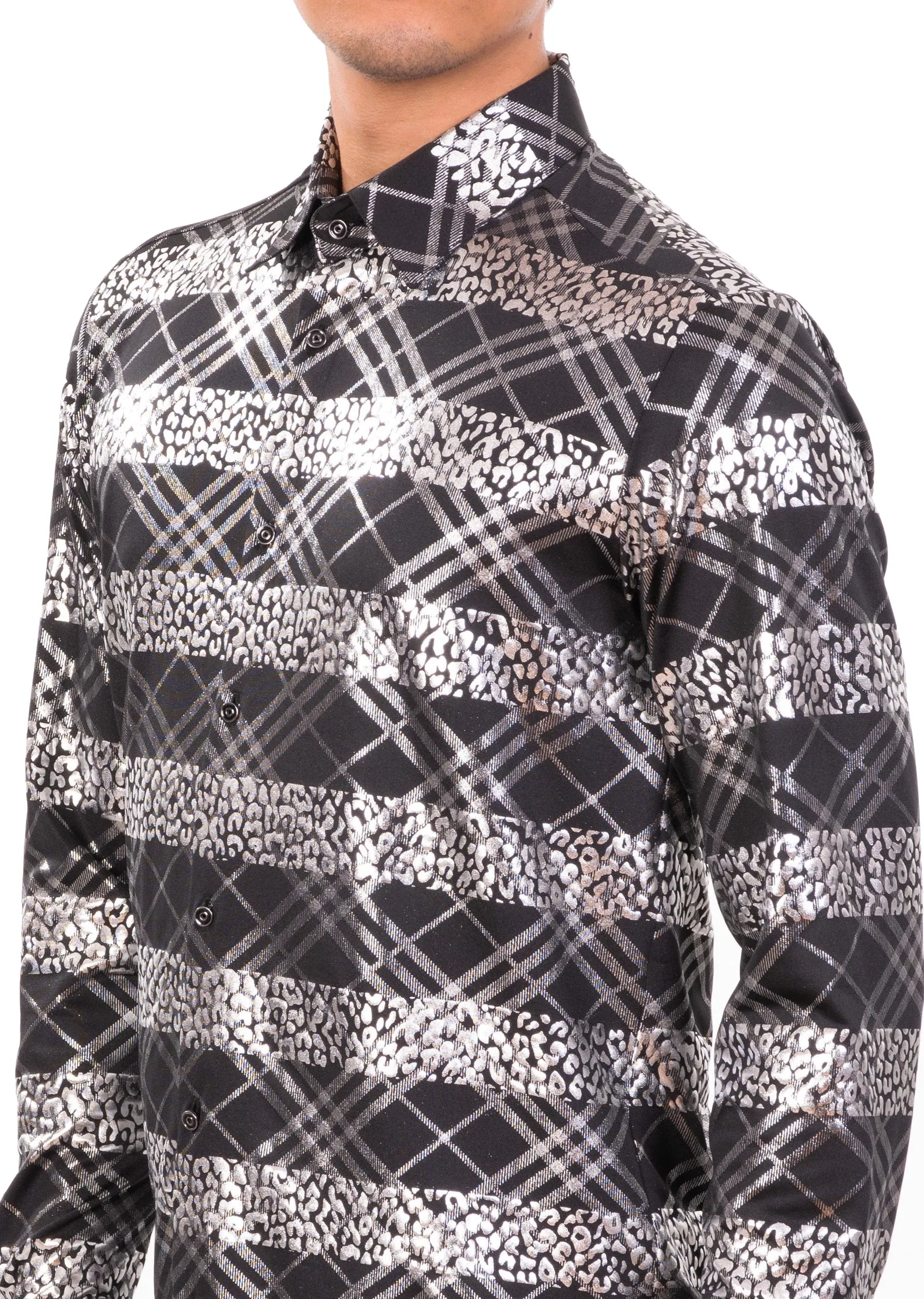 Black Plaid & Cat Metallic Foiled Shirt