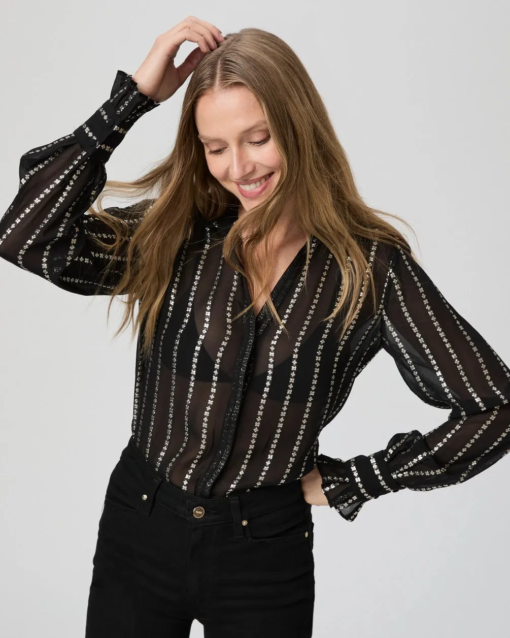 Black Sosa Metallic Floral Striped Blouse