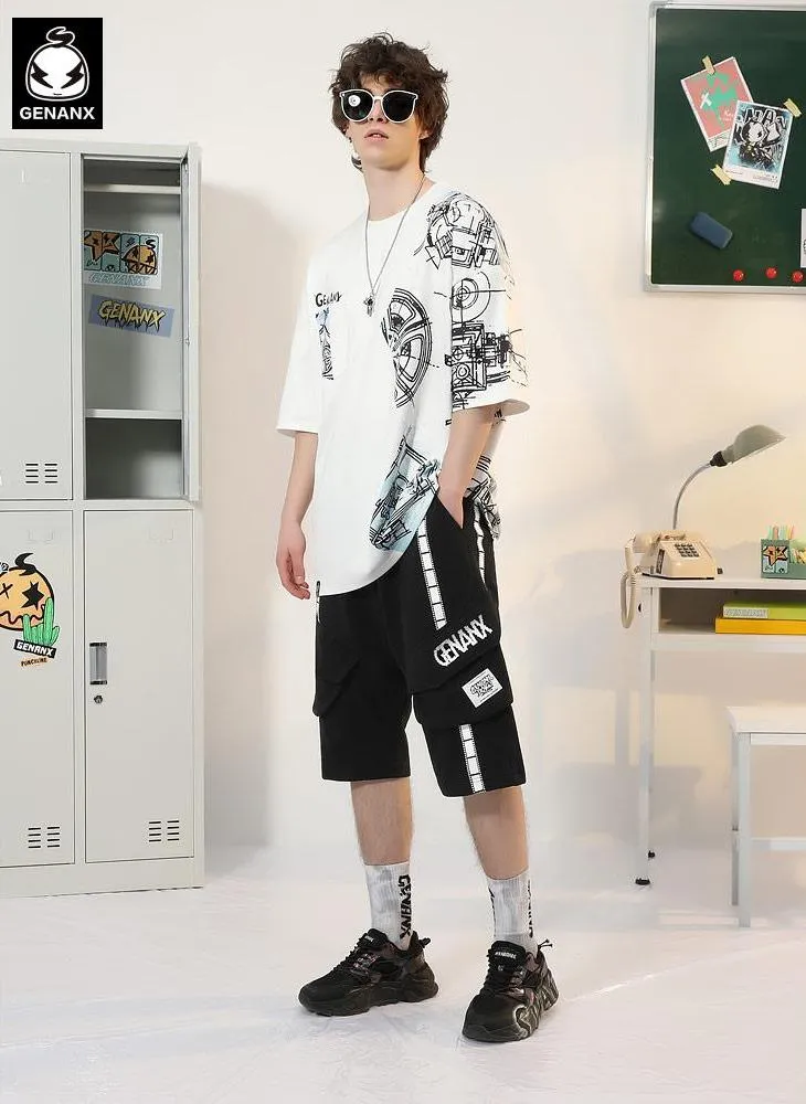 Black Street Style Letter Print Cotton Baggy Shorts