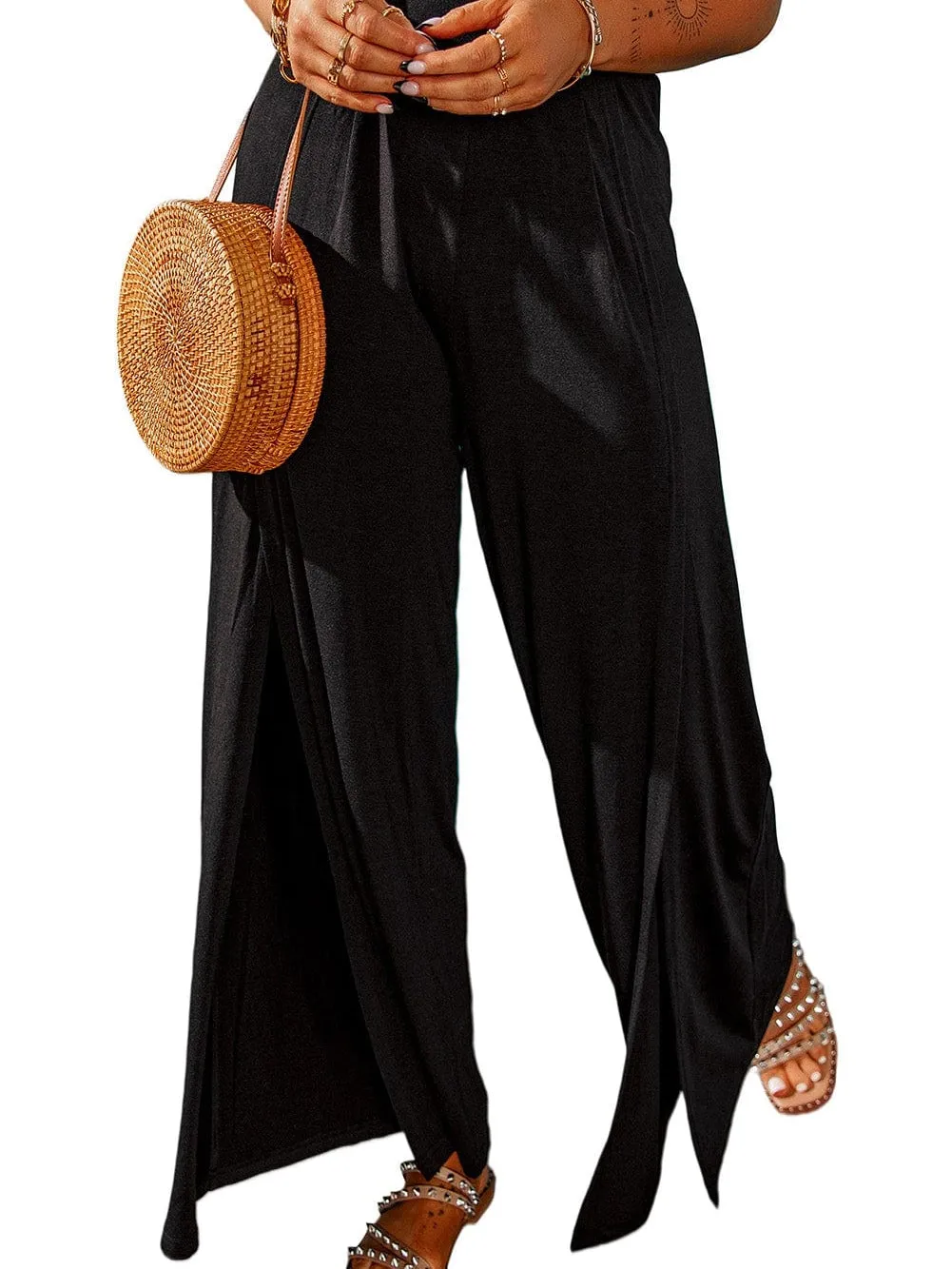 Black Tulip Hem High Waist Wide Leg Pants