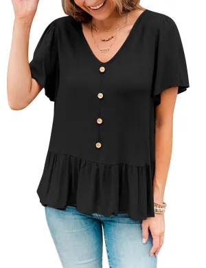 Black V-Neckline Buttons Loose Peplum Top