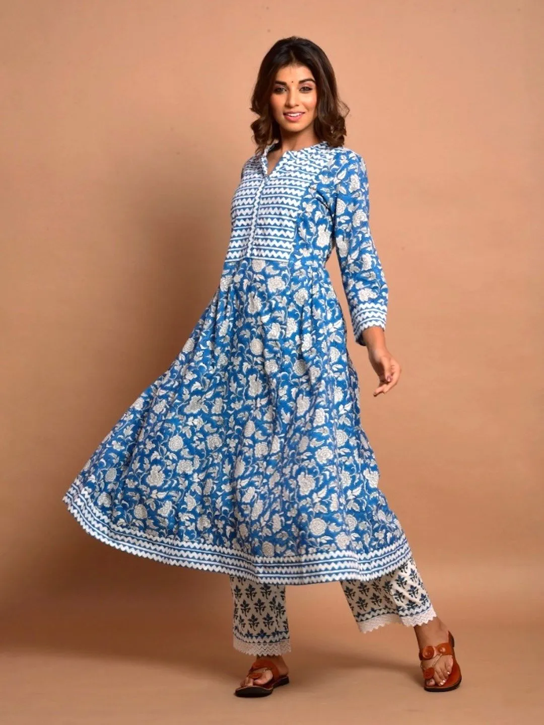 Blue Floral Flared Kurta & Palazzo Pair