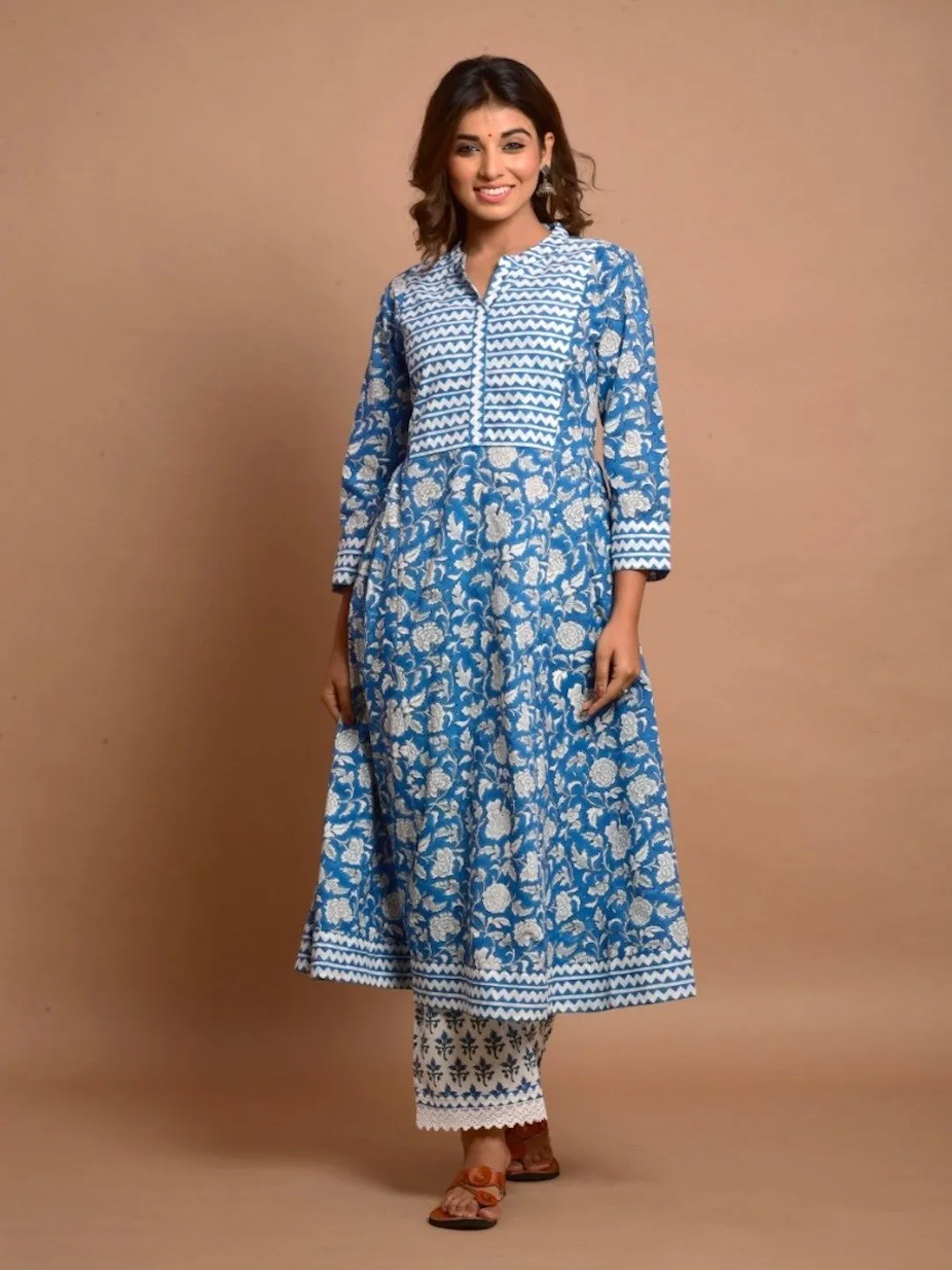 Blue Floral Flared Kurta & Palazzo Pair