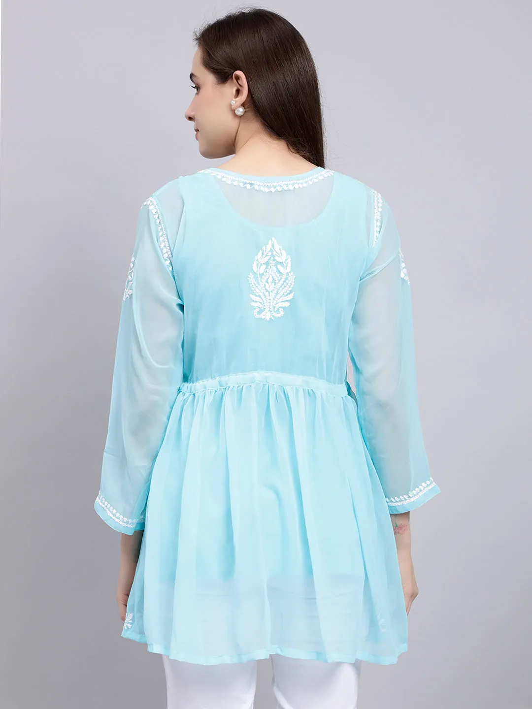 Blue Georgette Angarkha Chikankari Tunic Top With Slip