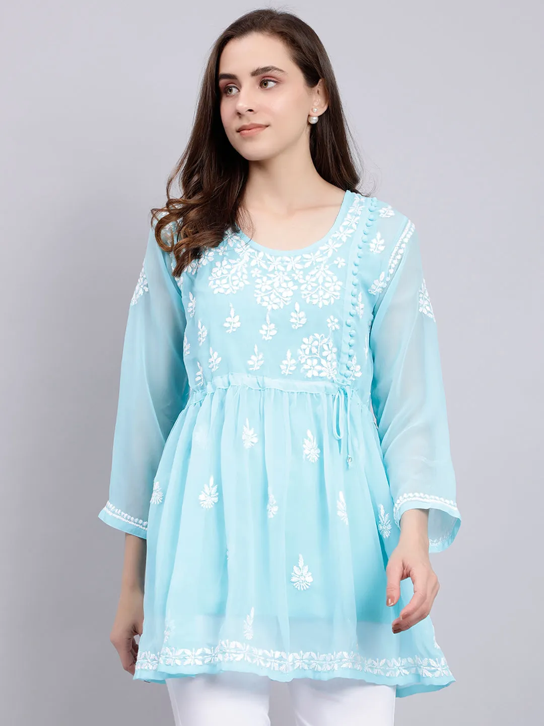 Blue Georgette Angarkha Chikankari Tunic Top With Slip