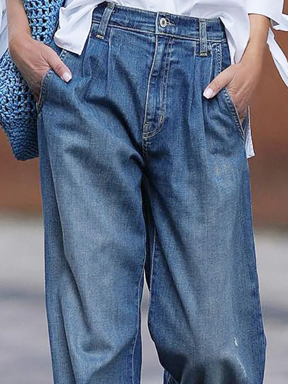 Blue Relaxed Fit High Waist Denim Pants