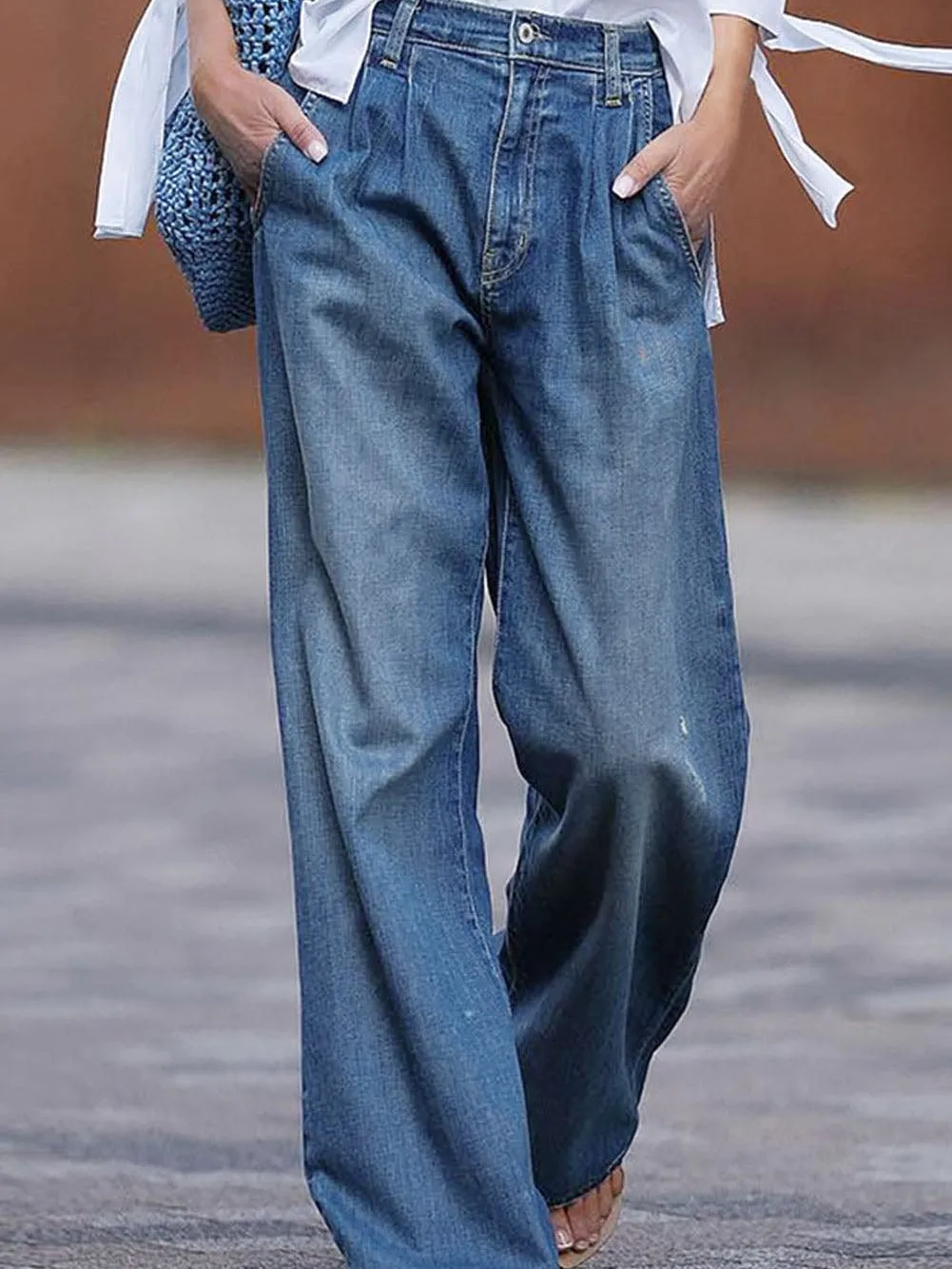 Blue Relaxed Fit High Waist Denim Pants