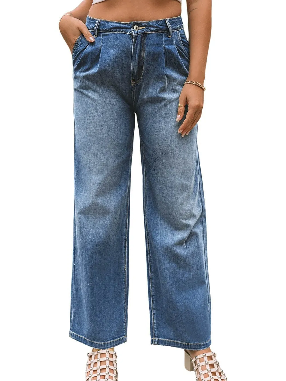 Blue Relaxed Fit High Waist Denim Pants