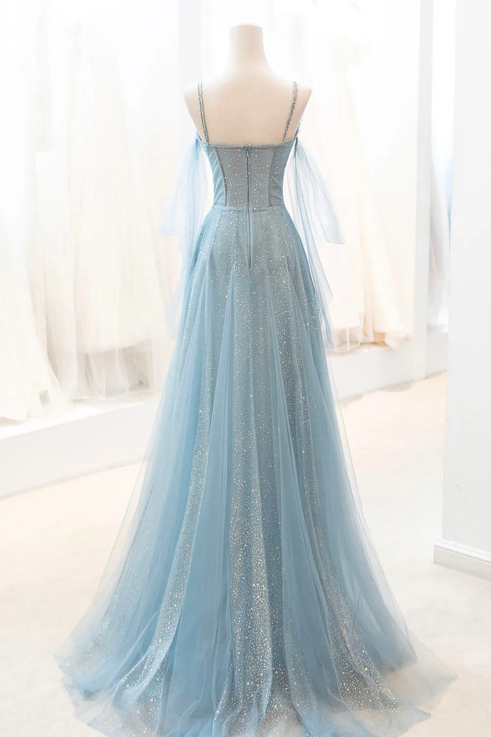 Blue Spaghetti Strap Tulle Long Prom Dress, V-Neck Evening Party Dress