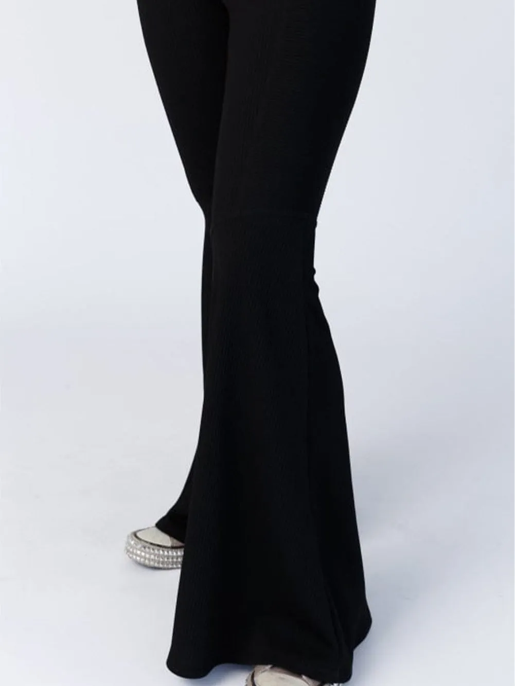 Boho Chic Black Ribbed Flare Trousers