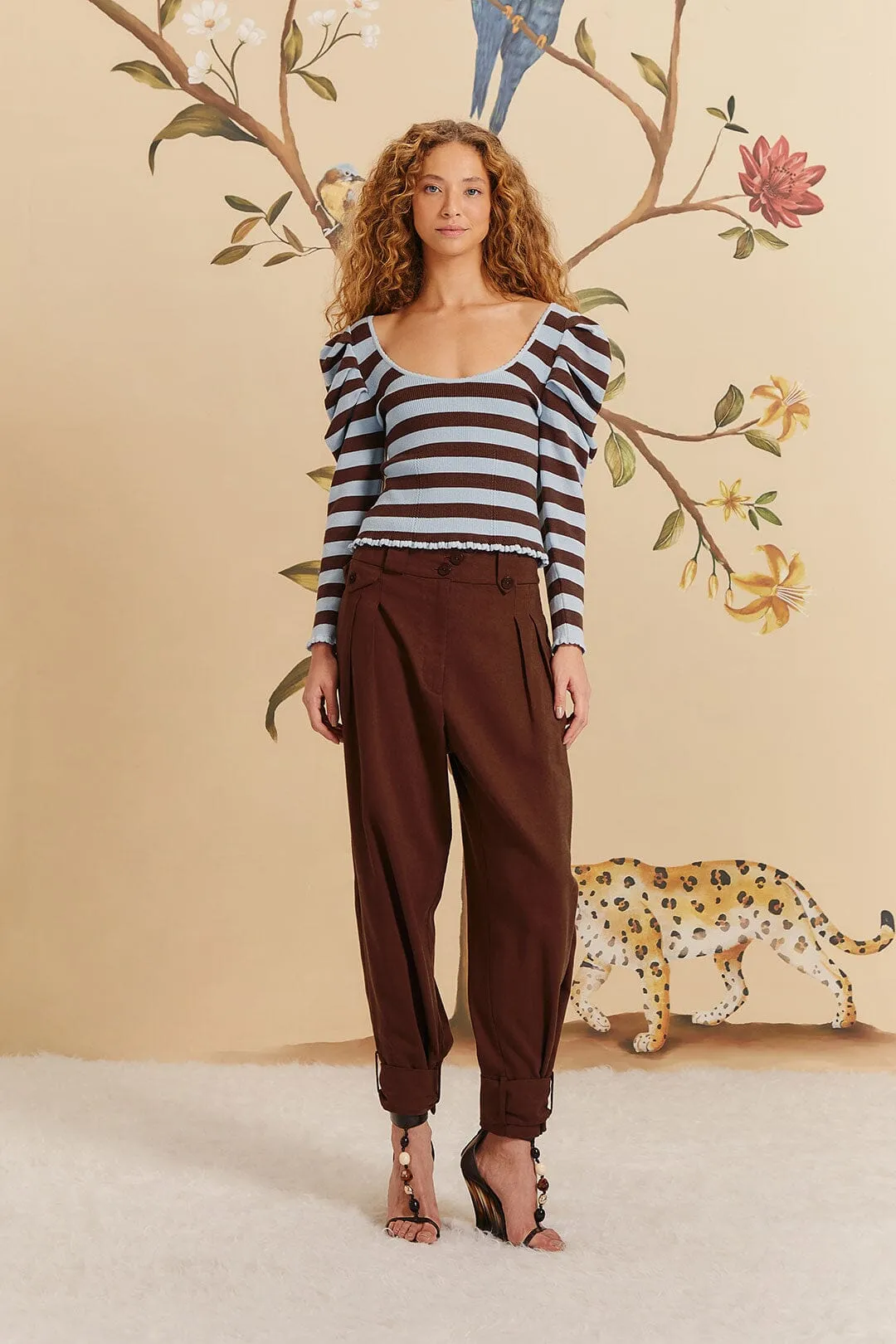 Brown High Waist Buttoned Cuff Pants