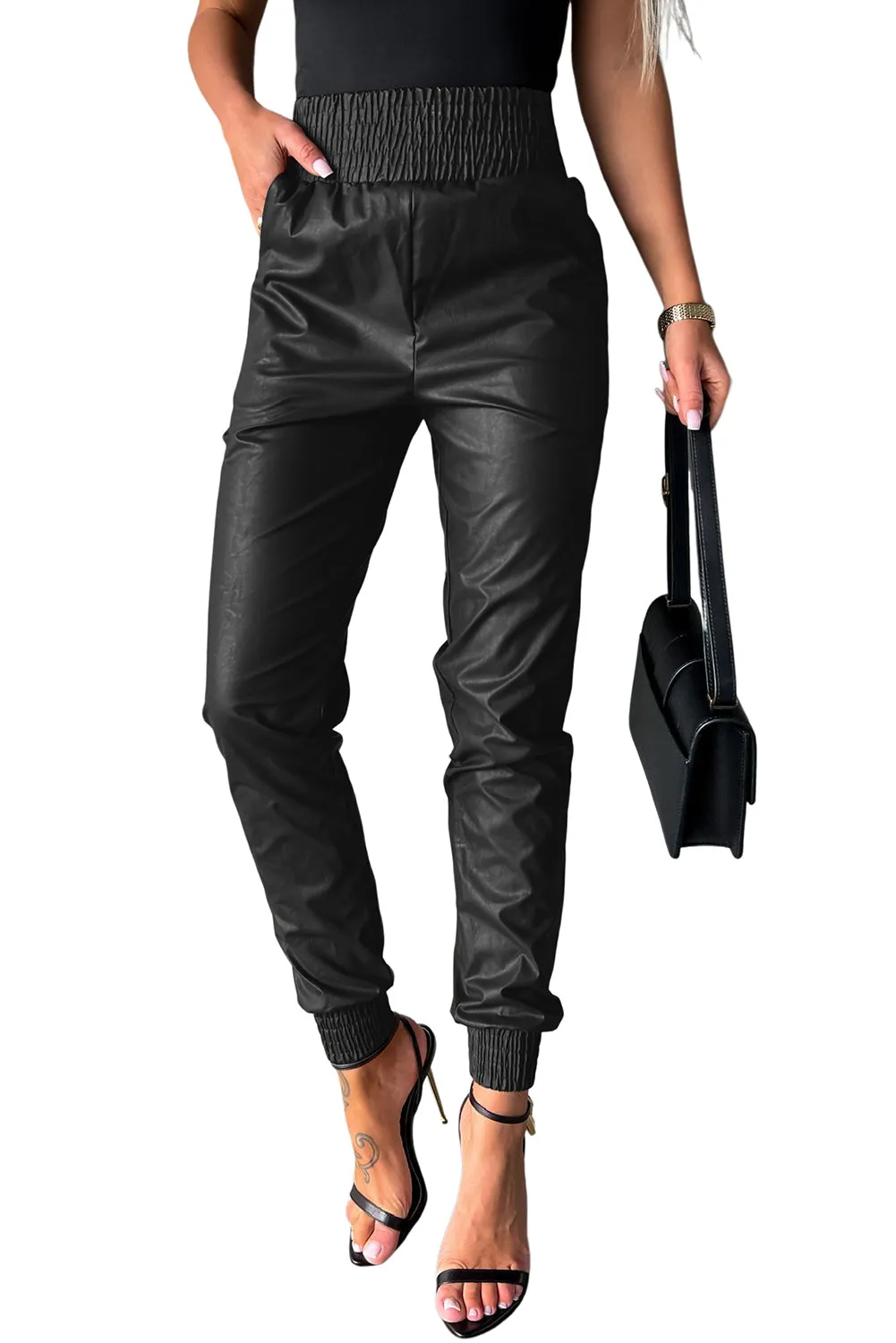 Brown Smocked High-Waist Leather Skinny Pants