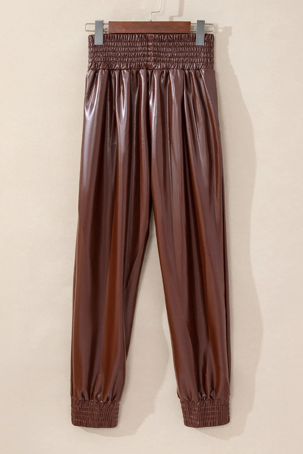 Brown Smocked High-Waist Leather Skinny Pants