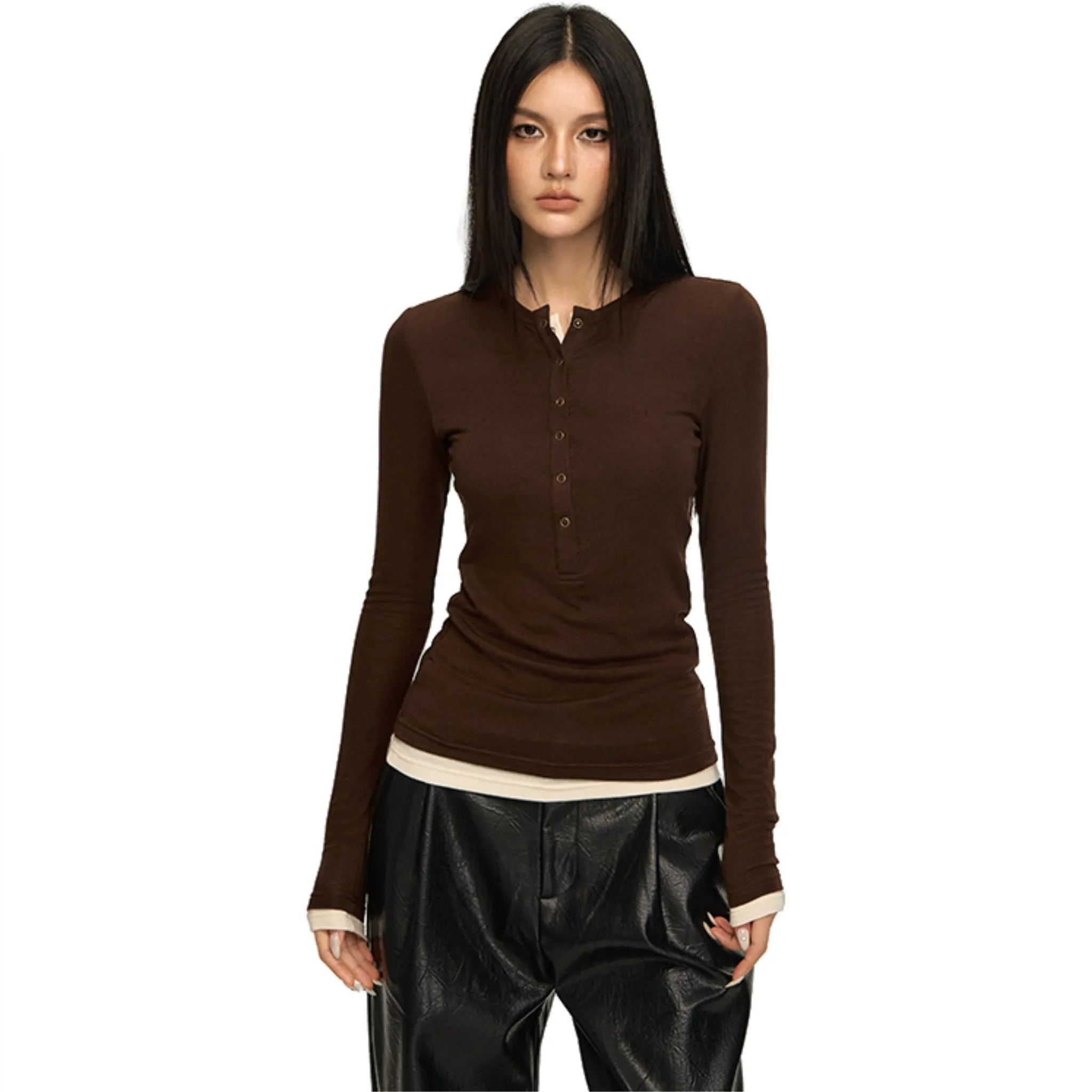 Brown Tencel Wool Henley Collar False Two Piece