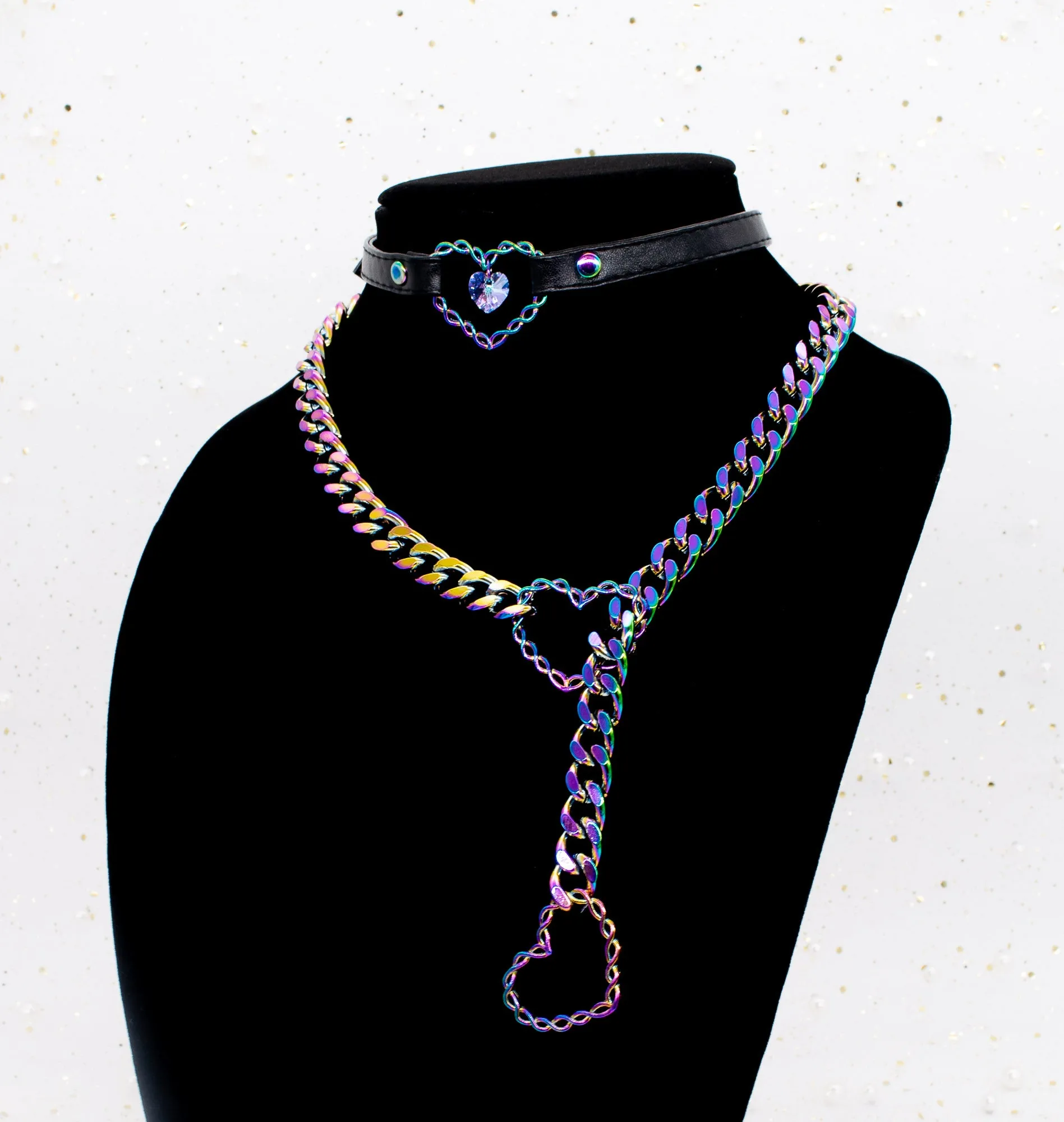 BUNDLE ~ 3/8" Black Vegan Leather Collar & Slip Chain in Rainbow