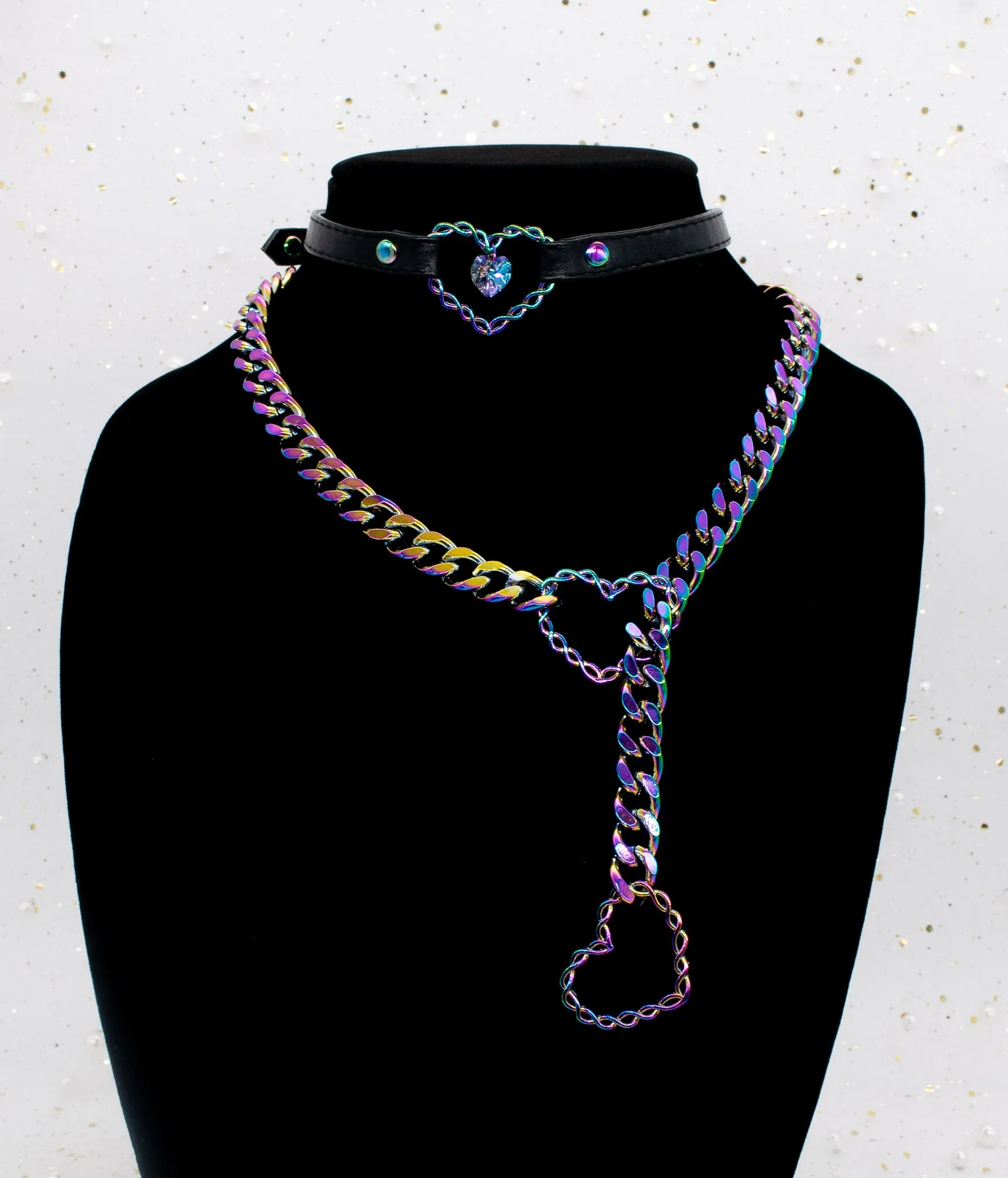 BUNDLE ~ 3/8" Black Vegan Leather Collar & Slip Chain in Rainbow