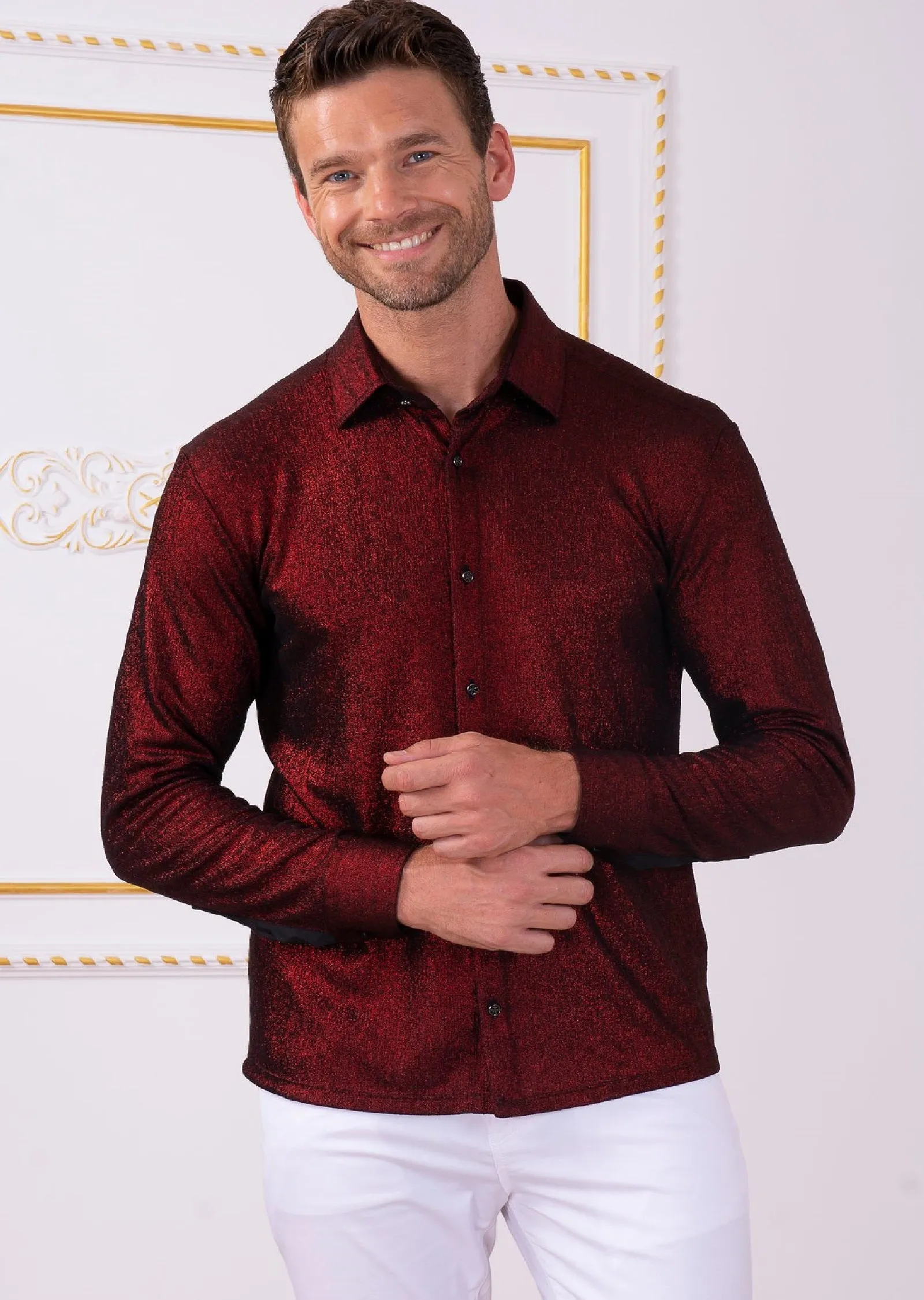 Burgundy Metallic Crackle Brocade Shirt