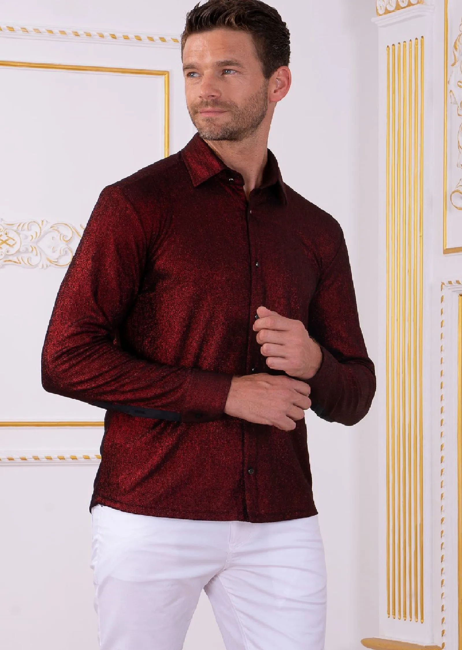 Burgundy Metallic Crackle Brocade Shirt