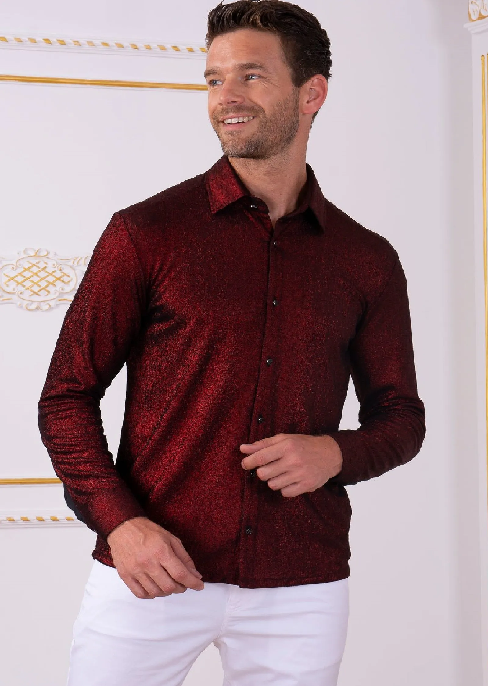 Burgundy Metallic Crackle Brocade Shirt