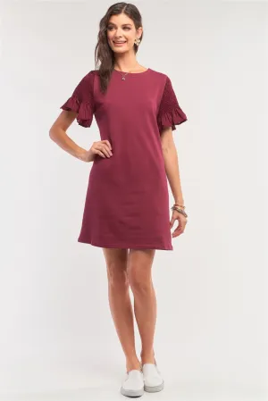 Burgundy Round Neck Smock Short Sleeve Mesh Frill Detail Tunic Mini Dress /1-2-2