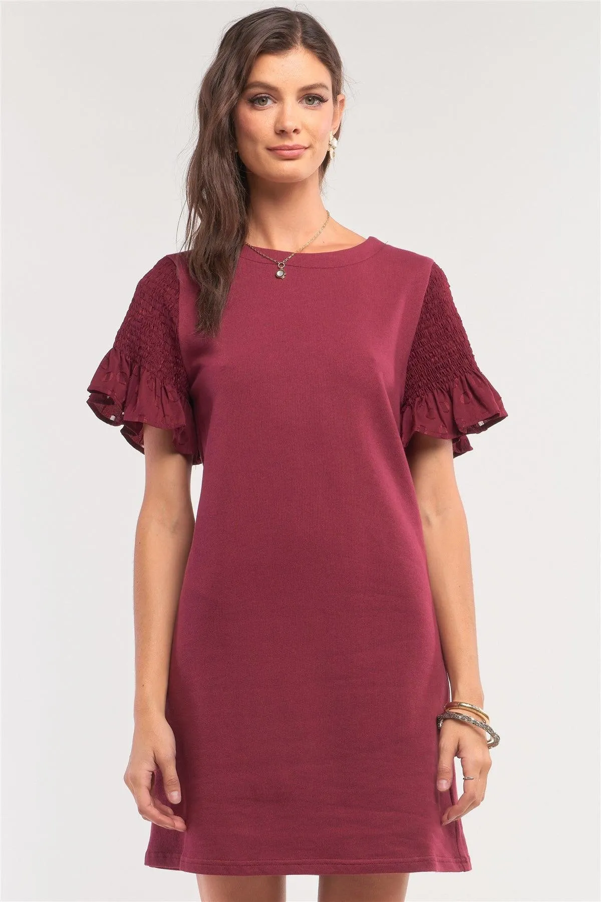 Burgundy Round Neck Smock Short Sleeve Mesh Frill Detail Tunic Mini Dress /1-2-2