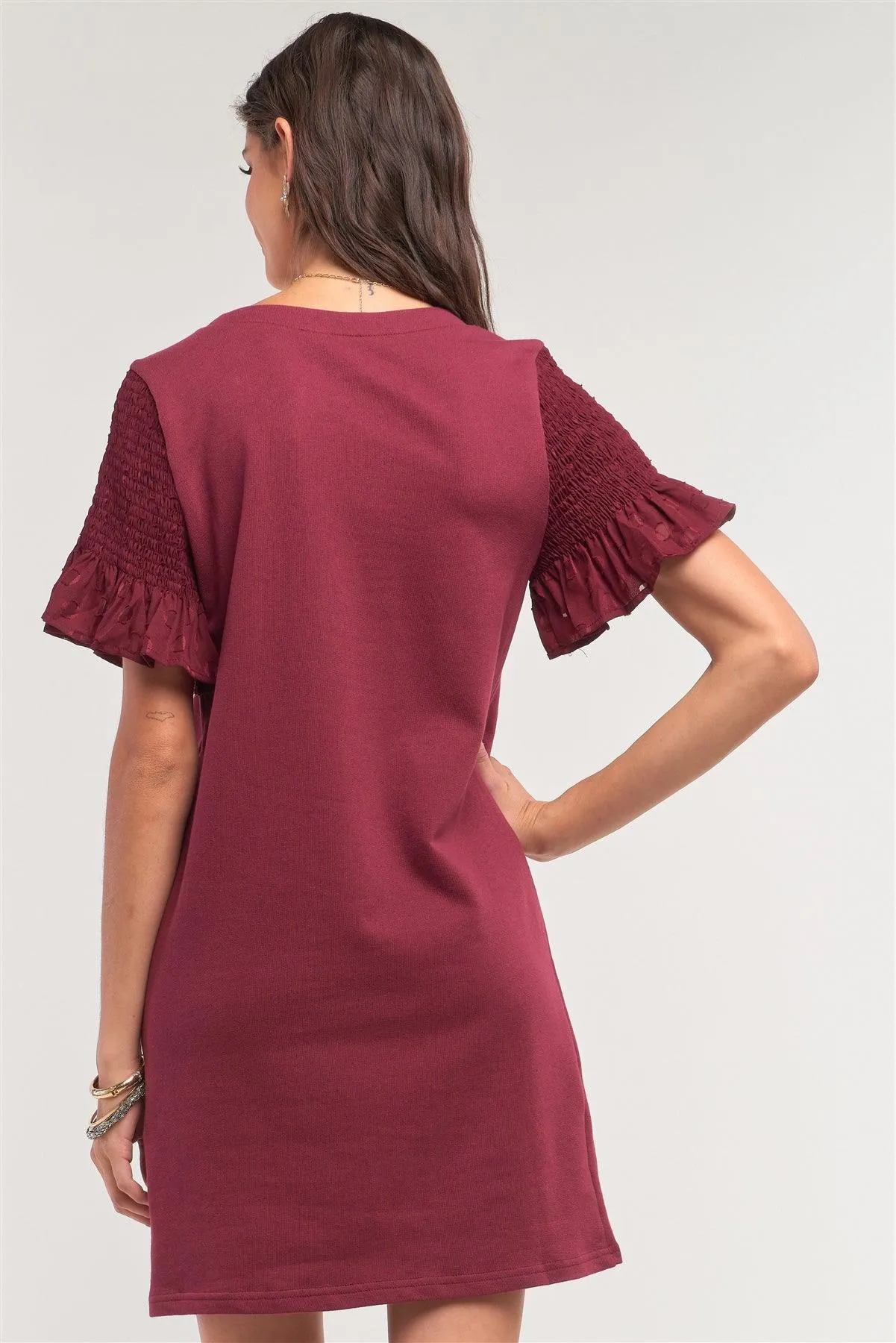 Burgundy Round Neck Smock Short Sleeve Mesh Frill Detail Tunic Mini Dress /1-2-2