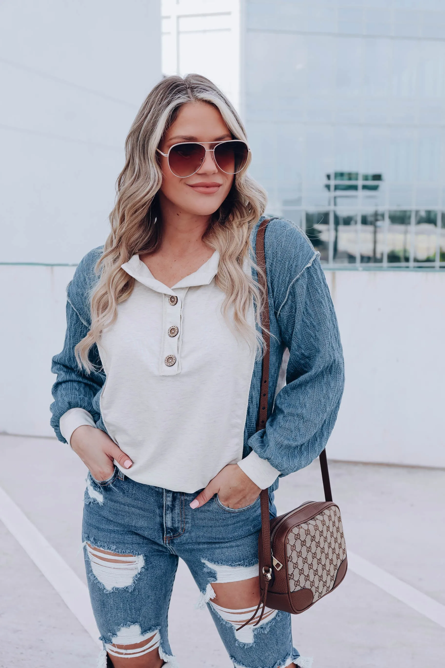 Cable Knit Contrast Henley Top