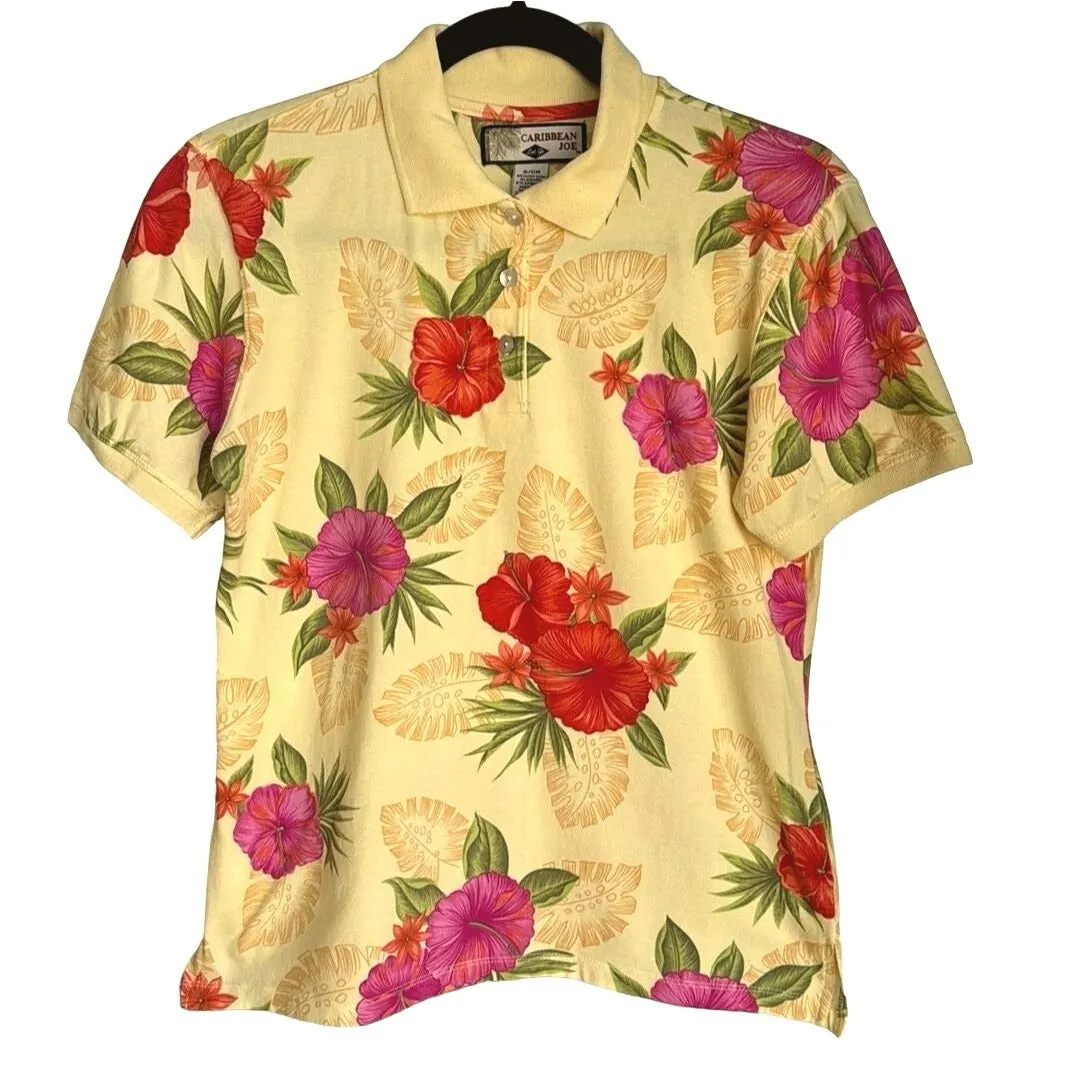 Caribbean Joe Vintage Women's Hawaiian Floral Tropical Print Cotton Polo Shirt