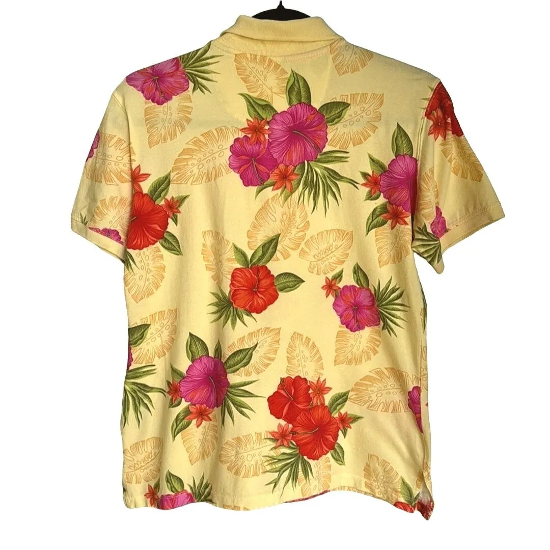 Caribbean Joe Vintage Women's Hawaiian Floral Tropical Print Cotton Polo Shirt