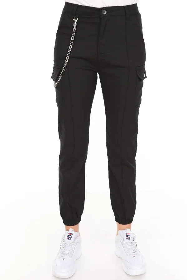 Chain Detail Slim Fit Stretchy Black Cargo Trousers