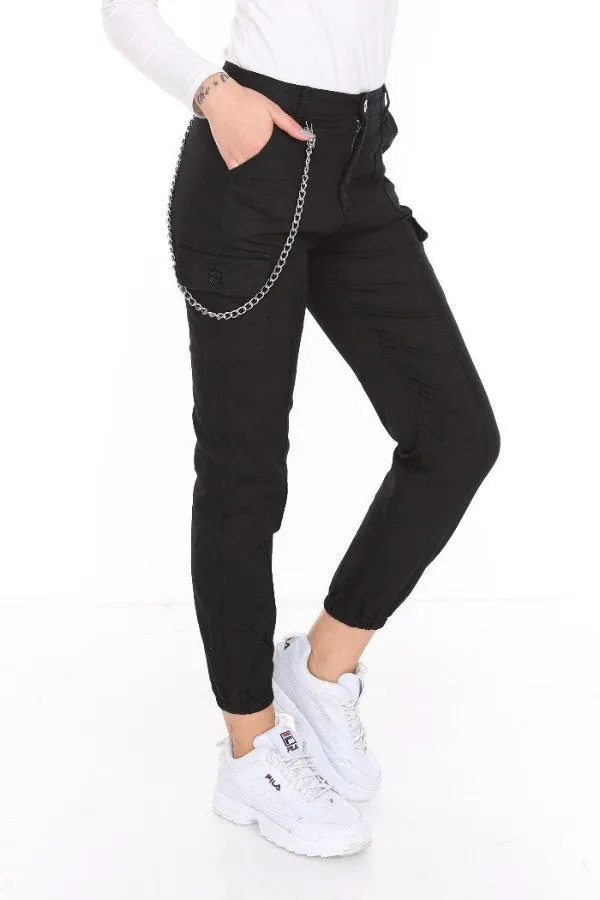 Chain Detail Slim Fit Stretchy Black Cargo Trousers