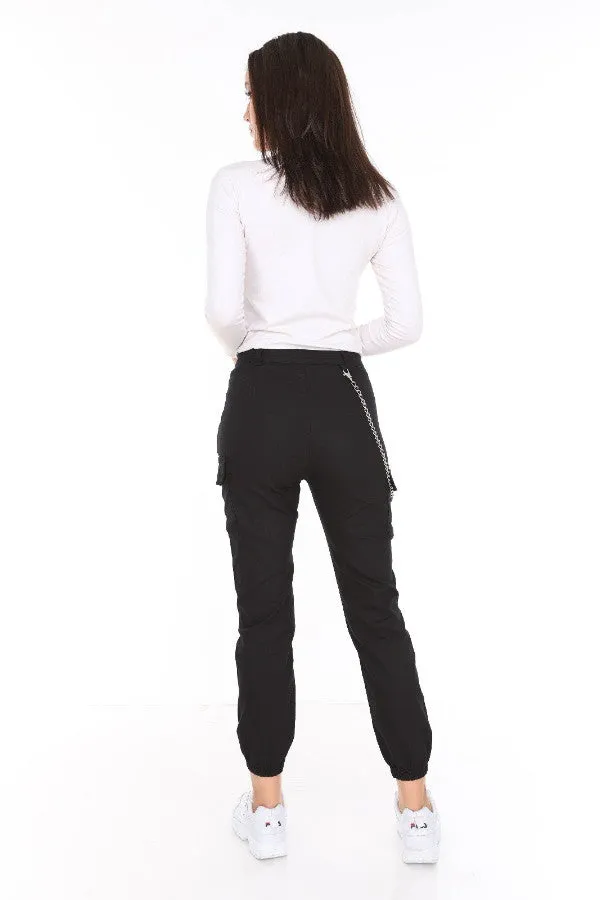 Chain Detail Slim Fit Stretchy Black Cargo Trousers