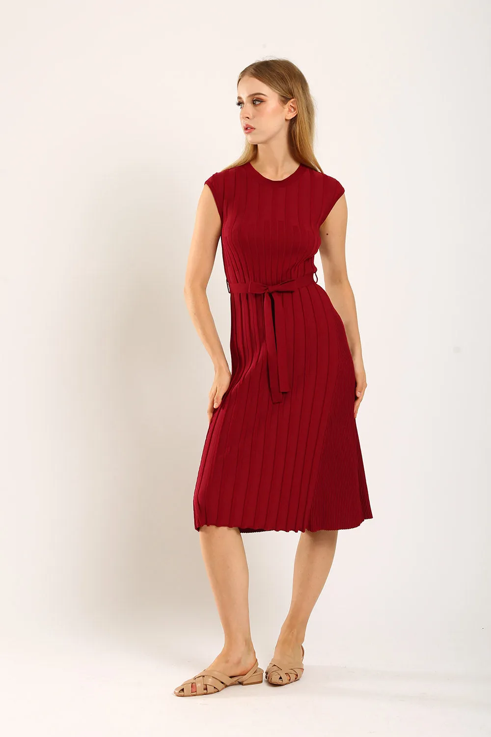 Ciera Texture Belted Knit Dress in Red