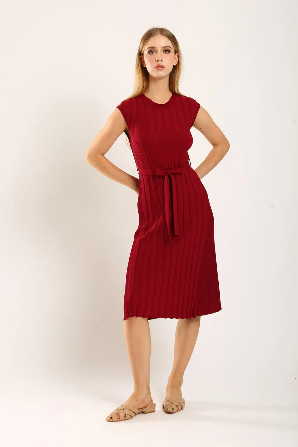 Ciera Texture Belted Knit Dress in Red