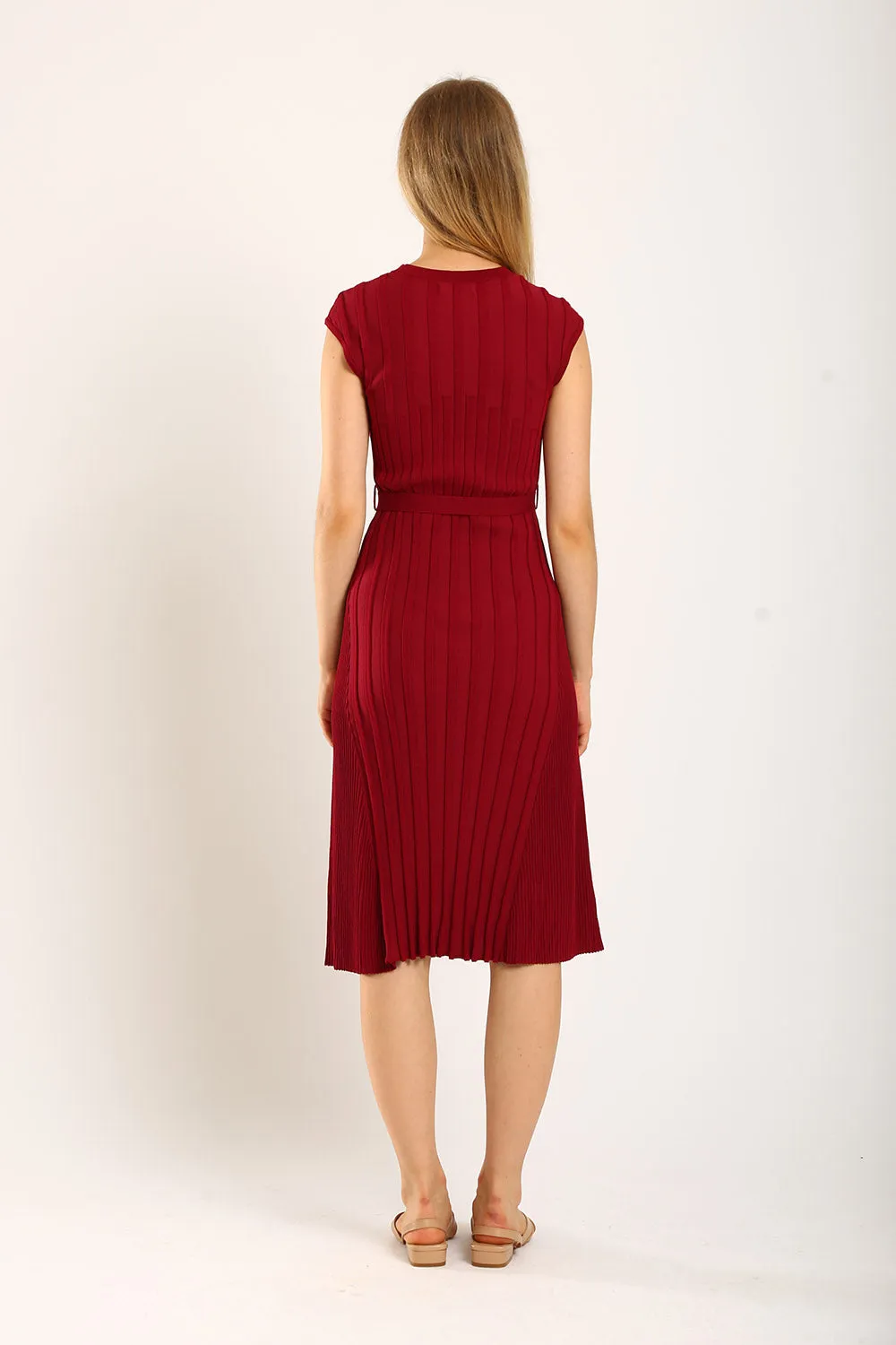 Ciera Texture Belted Knit Dress in Red