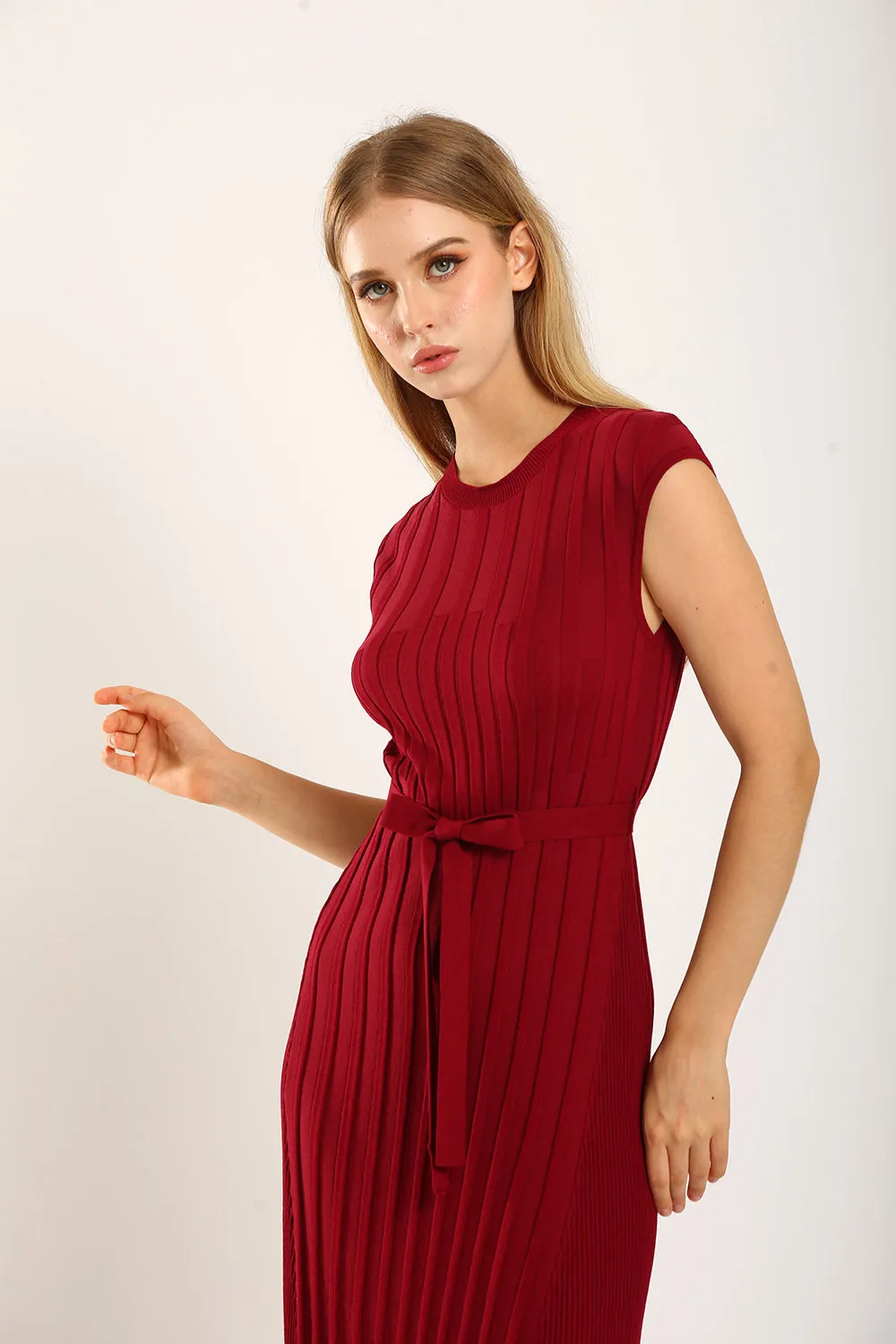 Ciera Texture Belted Knit Dress in Red