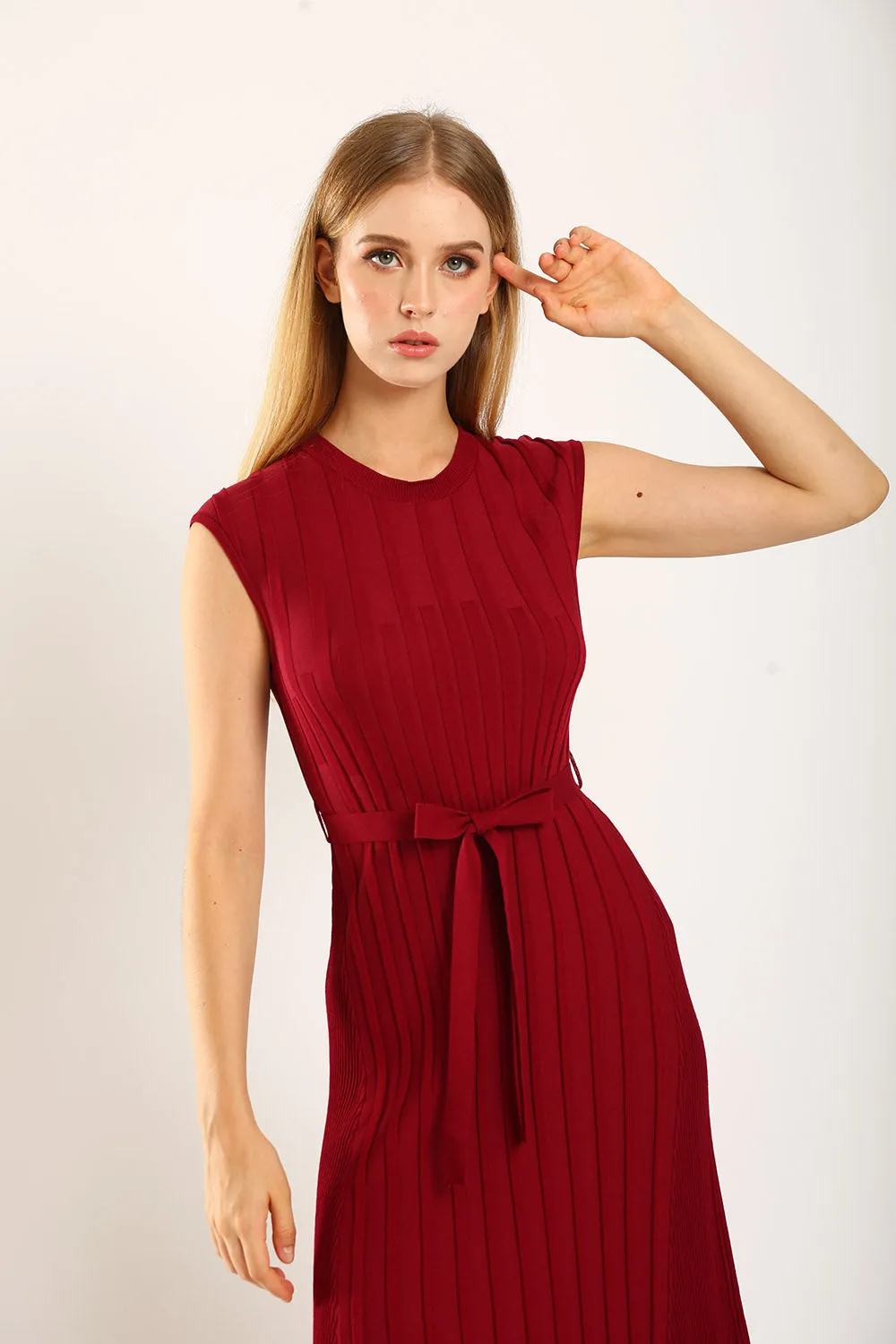 Ciera Texture Belted Knit Dress in Red