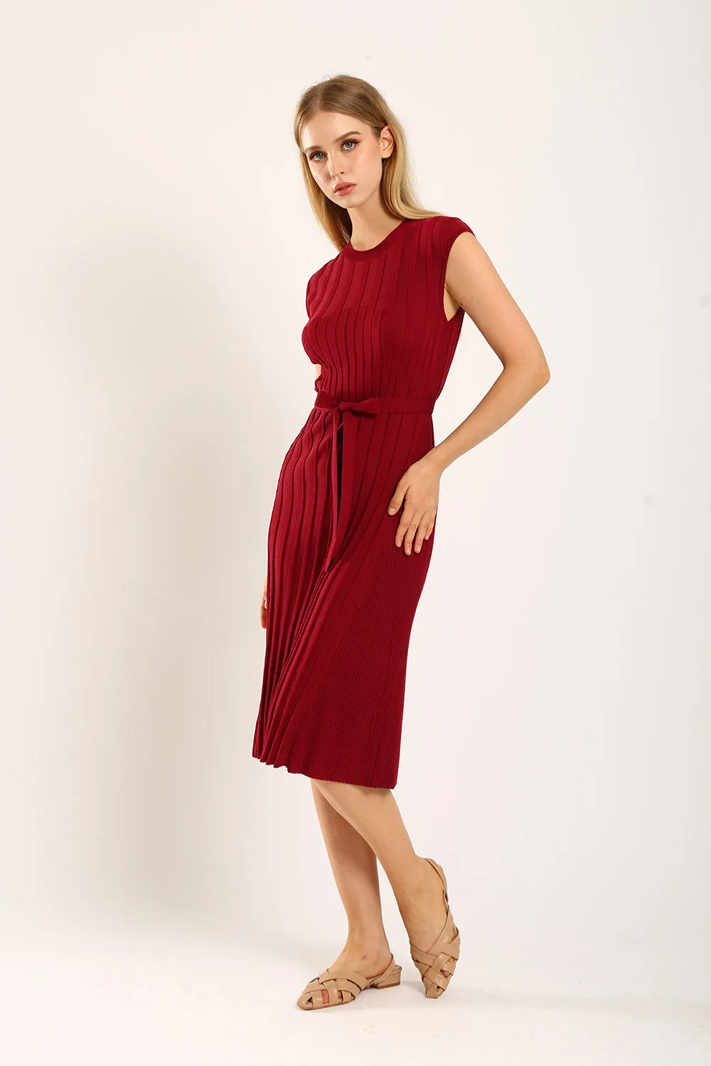 Ciera Texture Belted Knit Dress in Red