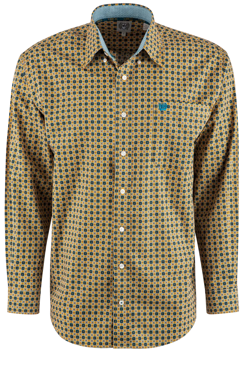 Cinch Print Long Sleeve Button-Front Shirt - Gold