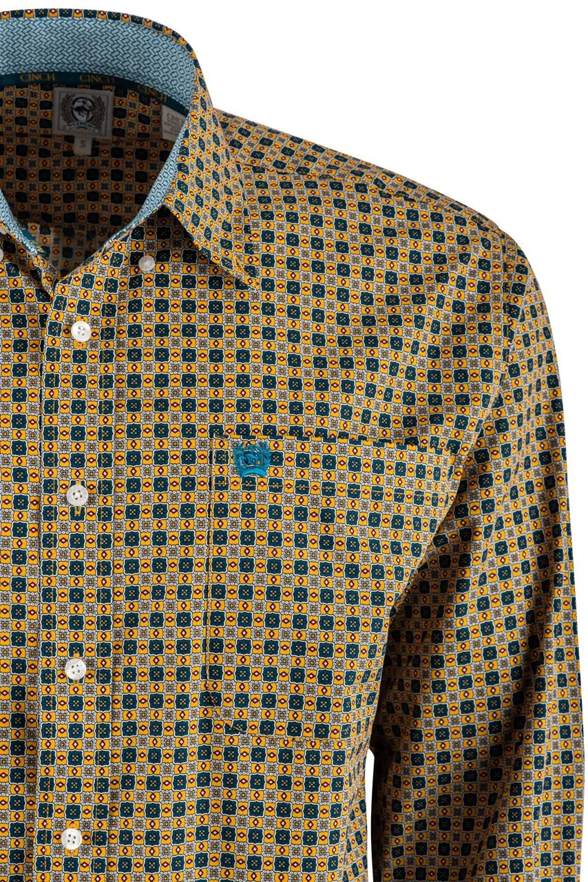 Cinch Print Long Sleeve Button-Front Shirt - Gold