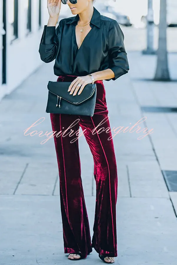 Claudia Velvet High Rise Elastic Waist Flare Stretch Pants