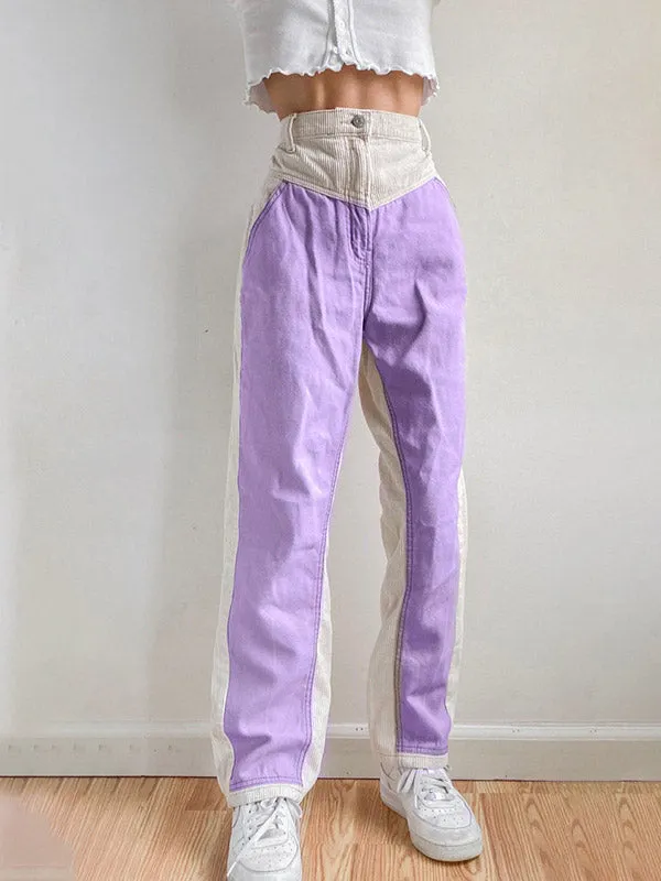 Corduroy Patchwork High Waist Straight Pants