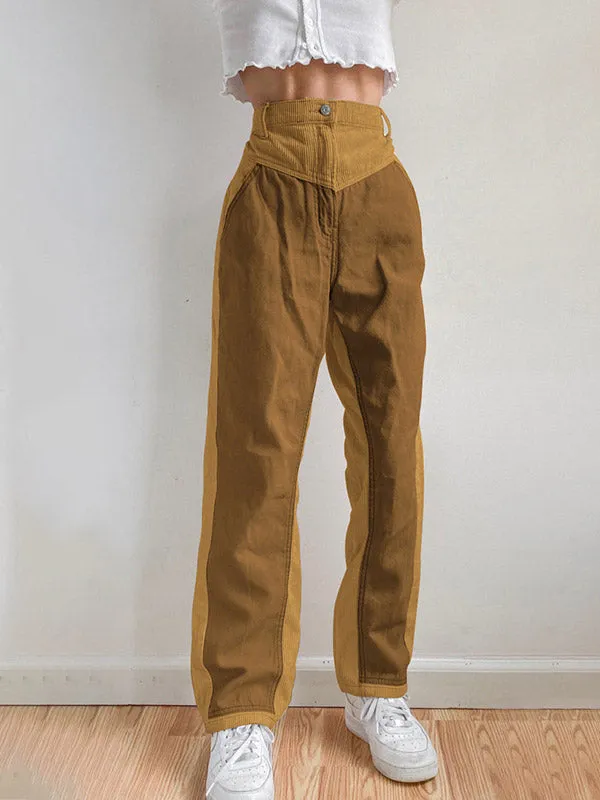 Corduroy Patchwork High Waist Straight Pants