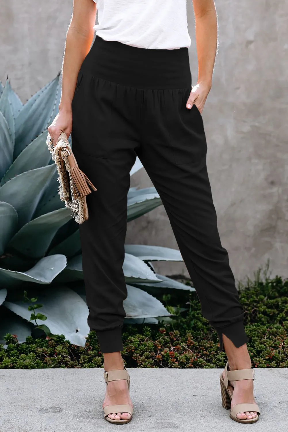 Cotton Pocketed Joggers High Waist Black