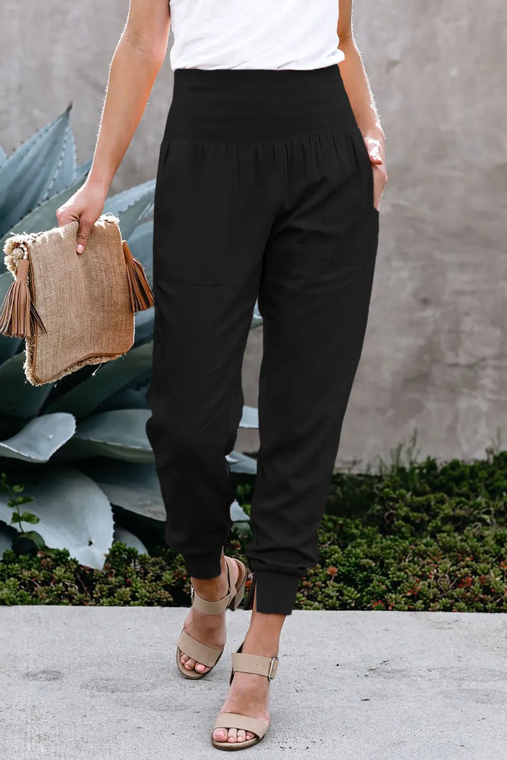 Cotton Pocketed Joggers High Waist Black