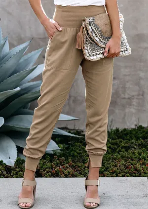 Cotton Pocketed Joggers High Waist Khaki