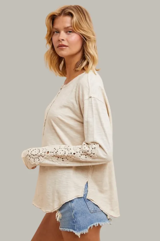 Crochet Sleeve Henley Top (Cream)