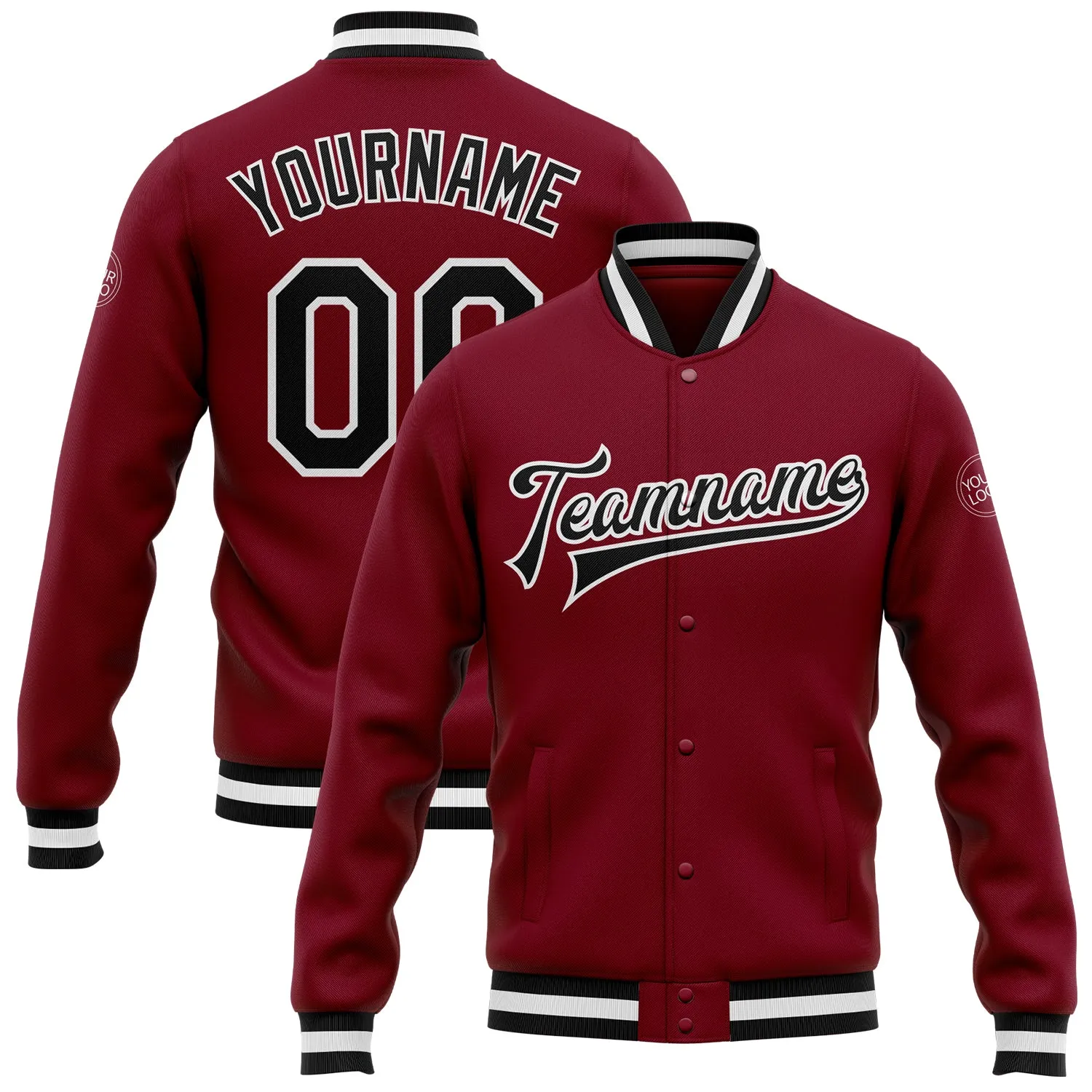 Custom Crimson Black-White Bomber Full-Snap Varsity Letterman Jacket